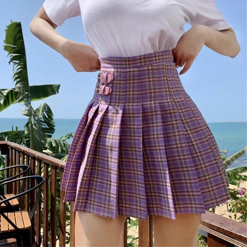 High-waisted  Plaid Pleated Skirt  With Two Buckle