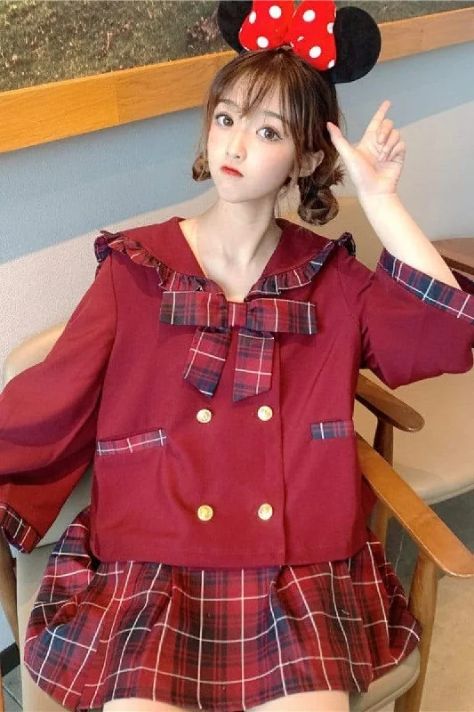 Vintage Double-breasted Sailor Collar Red Plaid Tops