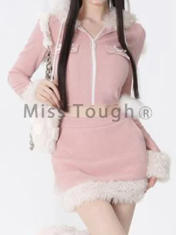 Znbbw Pink Kawaii 2 Piece Set Women Fluffy Design Sweet Skirt Suit Female Korean Rabbit Ear Hoodies + Slim Mini Skirt Set 2024