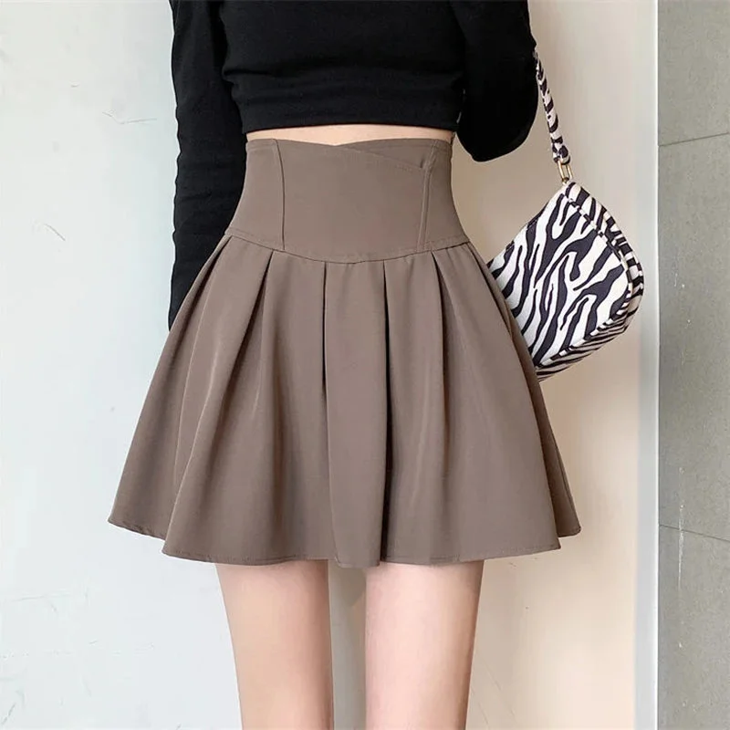 Znbbw Pleated Mini Skirts Women Preppy High Waist Solid A Line Skirt Student Streetwear Fashion Casual Basic Slim Skirts New