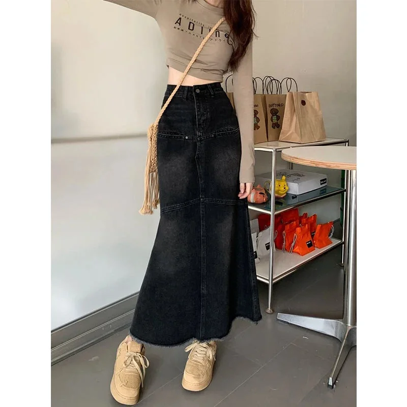 Znbbw Vintage Denim Skirts Women Tassel Midi A Line Skirt Jeans Streetwear Korean High Waist Raw Edge Slim Casual Mermaid Skirt