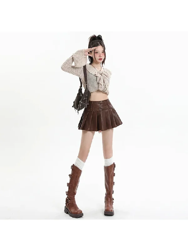 Znbbw Women's Coffee Leather Pleated Skirt Harajuku Y2k 2000s Vintage Mini Skirt 90s Aesthetic Streetwear Fashion A-Line Skirt Clothes