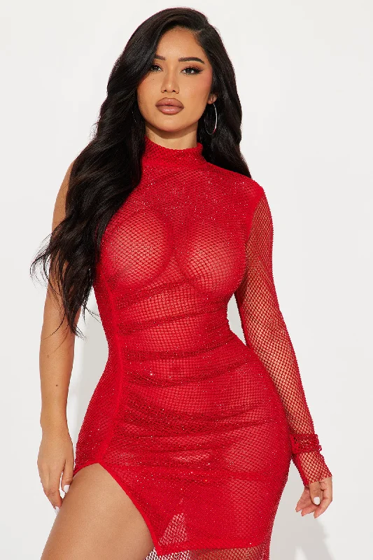 Brighter Nights Rhinestone Mesh Gown - Red