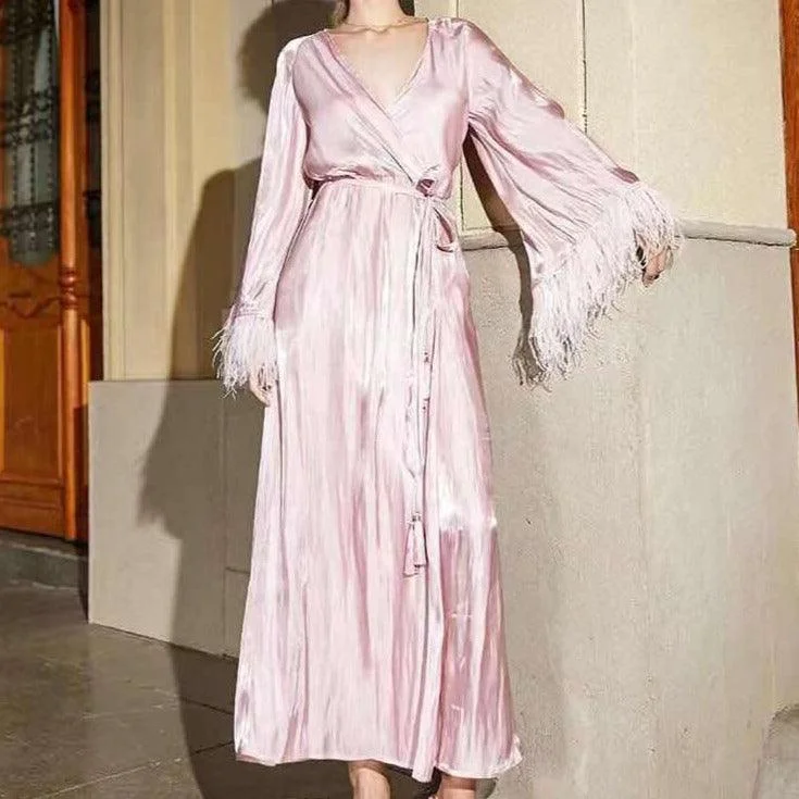 KittenAlarm - Janina Feather Trim Bell Sleeves Maxi Dress