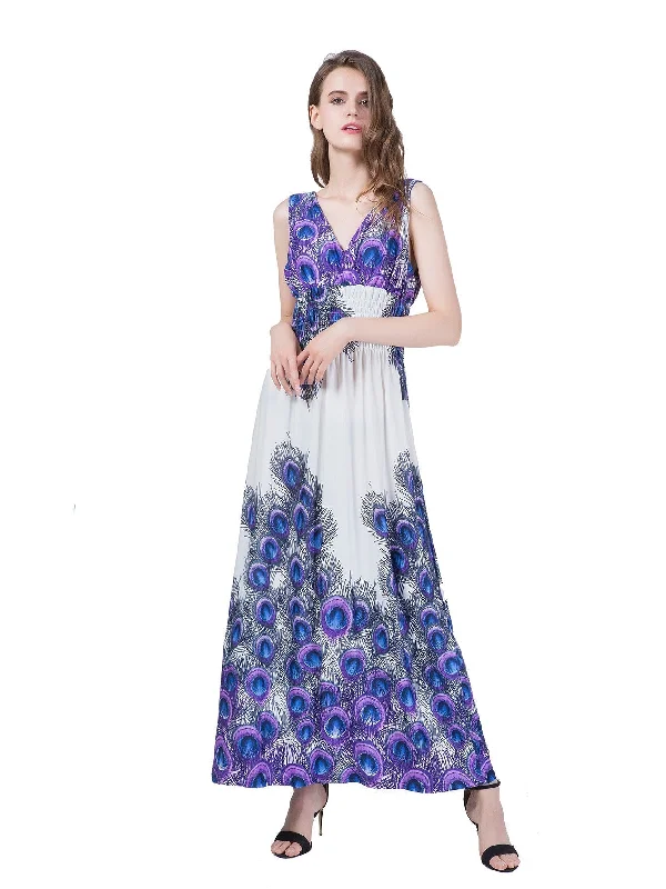 KittenAlarm - Plus Size 6XL Peacock Double V-neck Print High Elastic Waist Maxi Dress Beach Dress