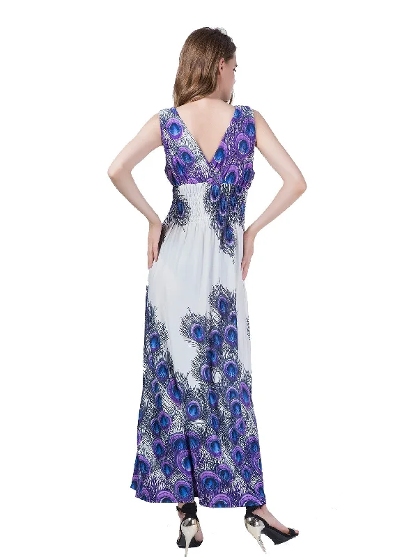 KittenAlarm - Plus Size 6XL Peacock Double V-neck Print High Elastic Waist Maxi Dress Beach Dress