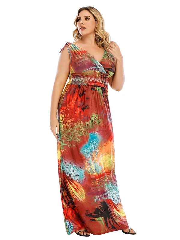 KittenAlarm - Plus Size M-6XL Surplice Front Elastic Waist Multicolor Fantastic Maxi Dress