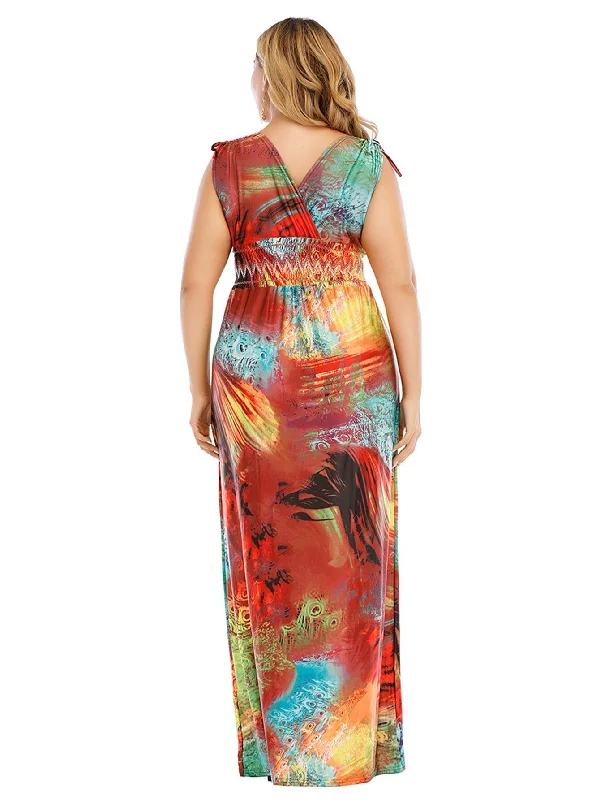 KittenAlarm - Plus Size M-6XL Surplice Front Elastic Waist Multicolor Fantastic Maxi Dress