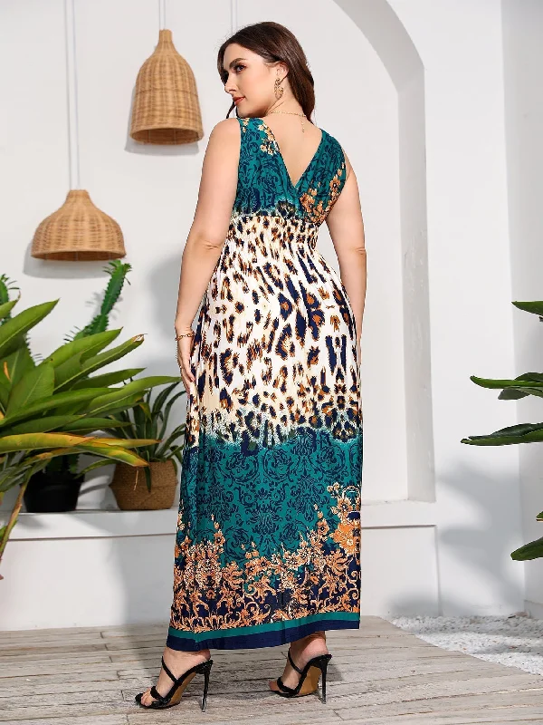 KittenAlarm - Plus Size V-neck Print Maxi Dress Beach Dress