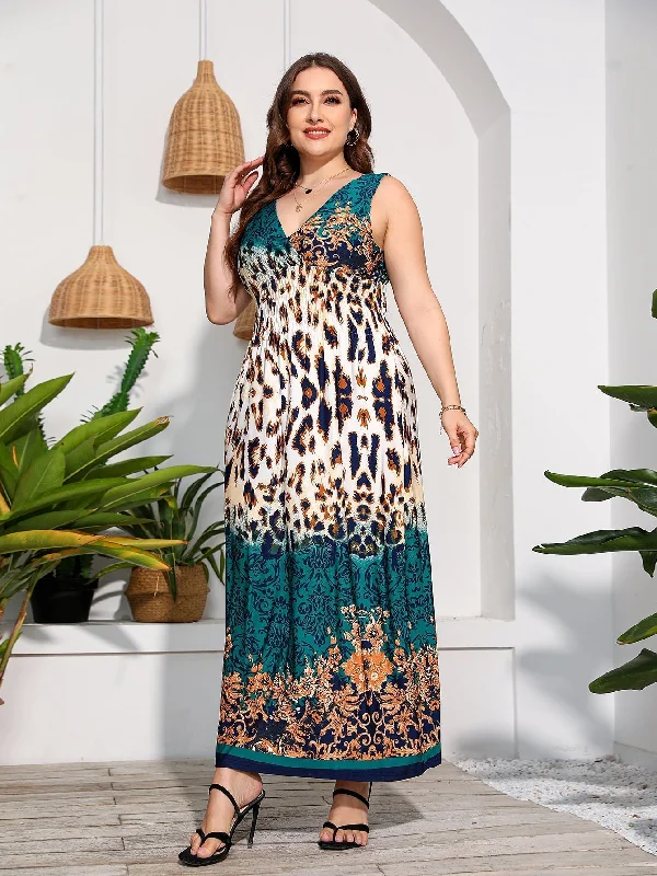 KittenAlarm - Plus Size V-neck Print Maxi Dress Beach Dress