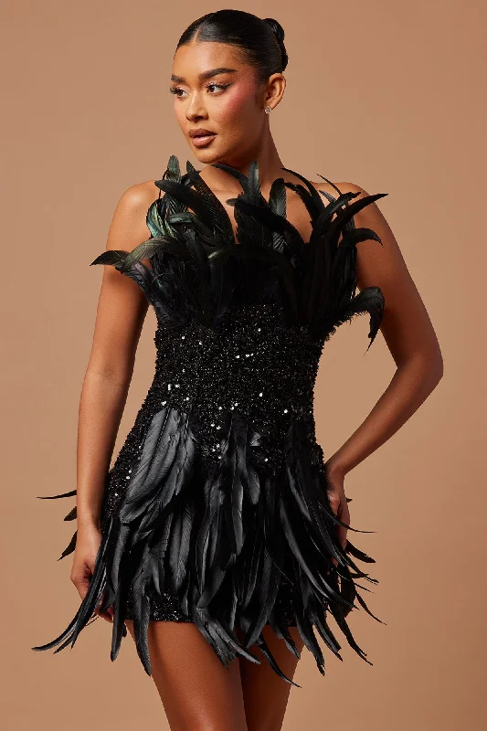 Renee Sequin Feather Mini Dress - Black