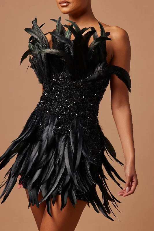 Renee Sequin Feather Mini Dress - Black