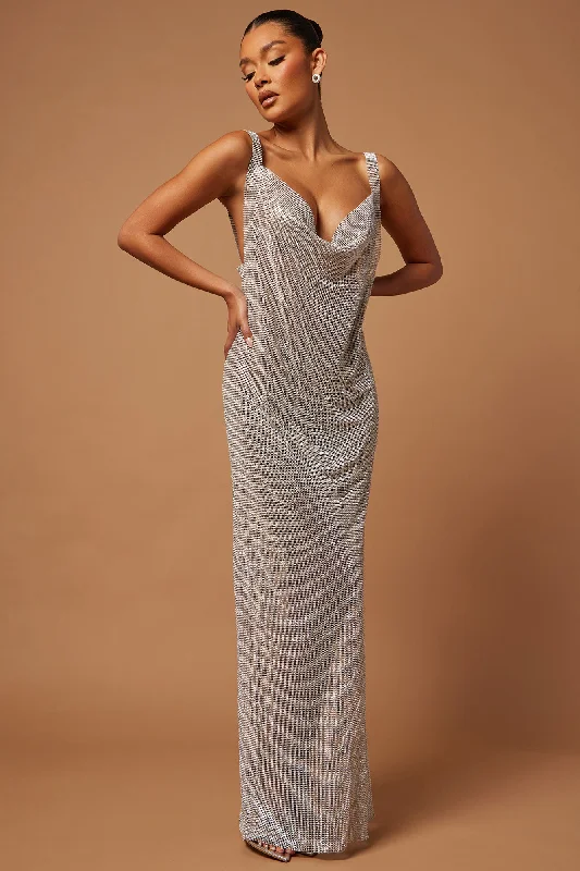 Sylvie Rhinestone Chainmail Maxi Dress - Silver