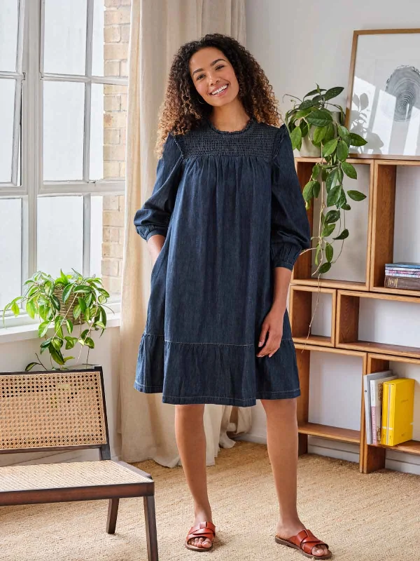 Asterope Organic Cotton Chambray Smock Dress - Dark Indigo Blue