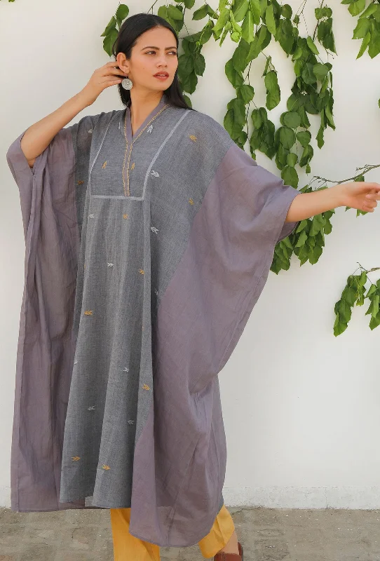 Charcoal Grey Jamdani Mulmul Cotton Kaftan Kurta Dress