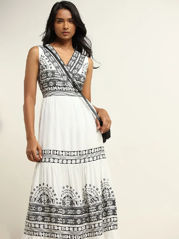 LOV Black and White Printed Cotton A-Line Dress