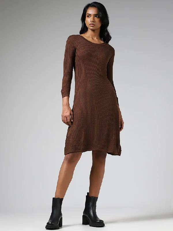 LOV Chocolate Brown Crisscross Striped Sweater Dress