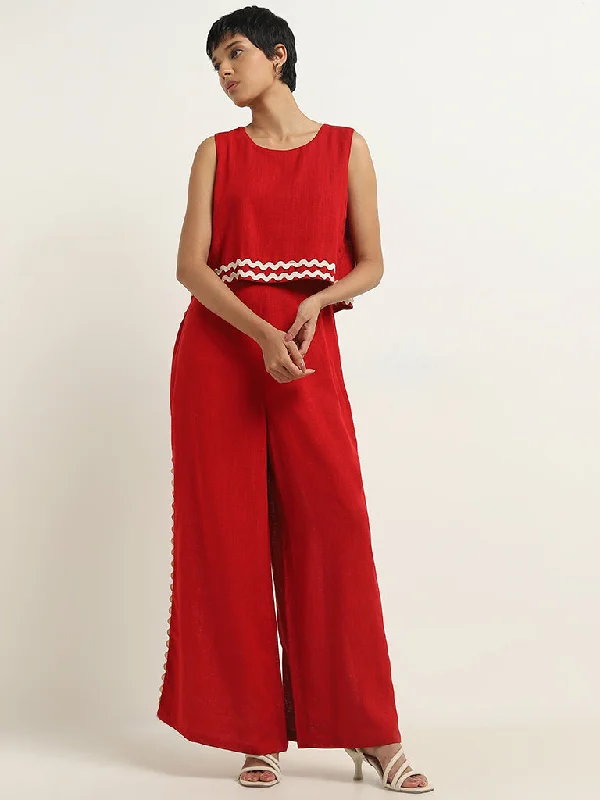 LOV Red Embroidered Blended Linen Jumpsuit