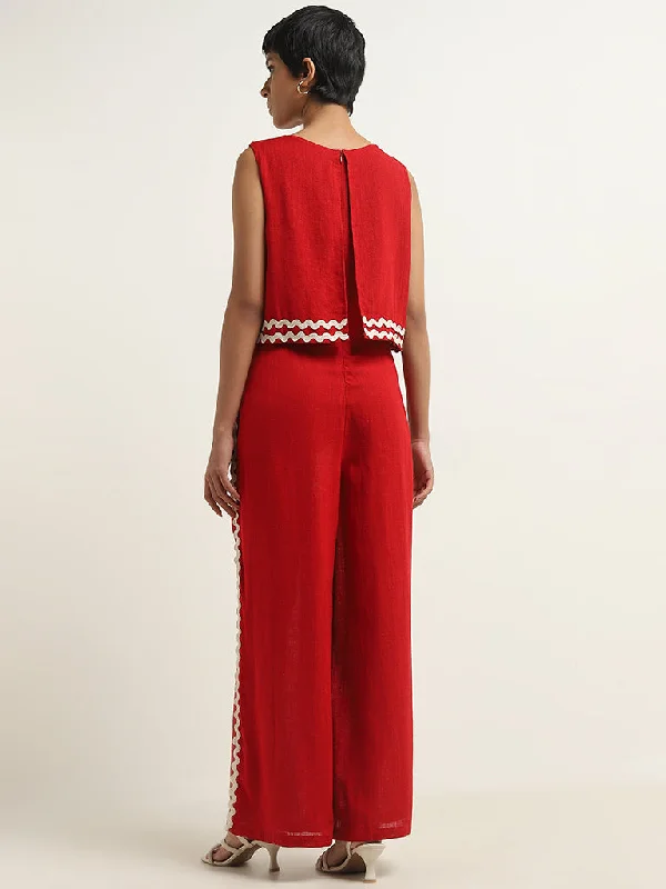 LOV Red Embroidered Blended Linen Jumpsuit