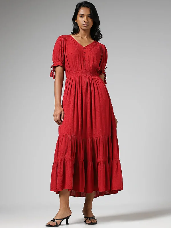 LOV Red Solid Tiered Dress