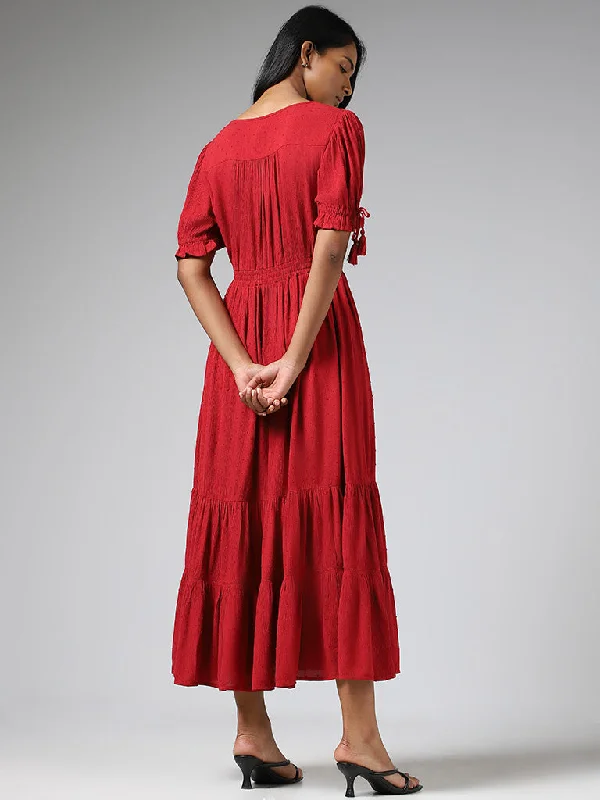 LOV Red Solid Tiered Dress