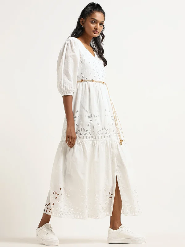 LOV White Cotton Schiffli Maxi Dress