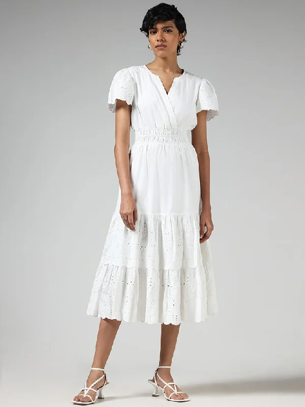 LOV White Cotton Schiffli Tiered Dress with Belt