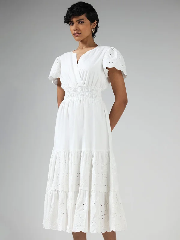 LOV White Cotton Schiffli Tiered Dress with Belt