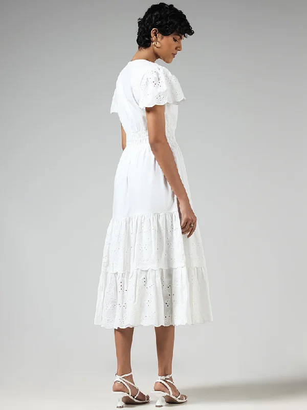 LOV White Cotton Schiffli Tiered Dress with Belt