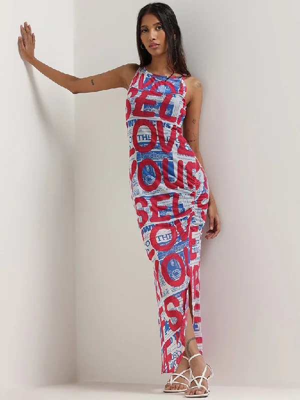 Nuon Red Contrast Print Tulle Maxi Dress