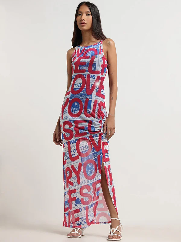 Nuon Red Contrast Print Tulle Maxi Dress