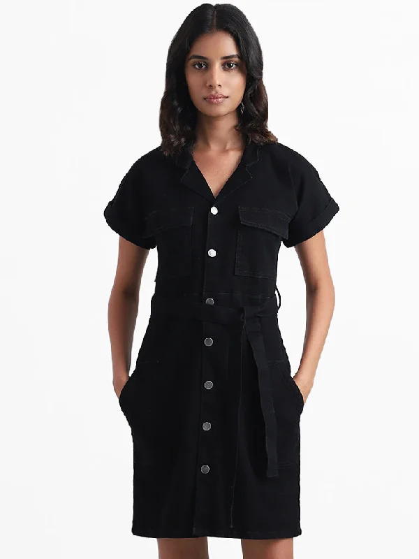 Nuon Solid Black Shirt Dress with Belt