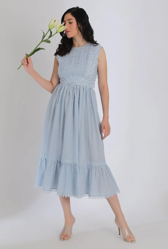 Powder Blue Tier Gathered Fit & Flare Dress With Back Tieup & Lacework Detailings