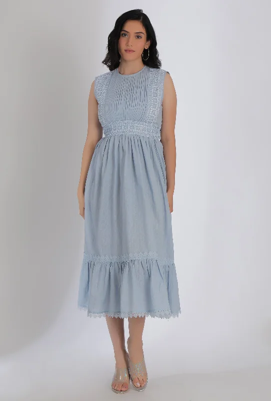 Powder Blue Tier Gathered Fit & Flare Dress With Back Tieup & Lacework Detailings