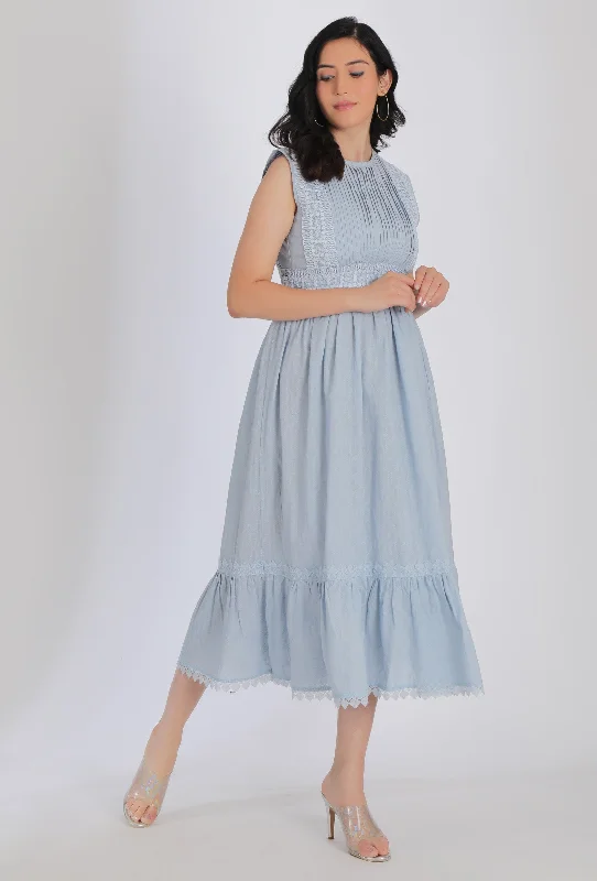 Powder Blue Tier Gathered Fit & Flare Dress With Back Tieup & Lacework Detailings