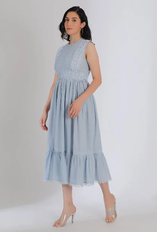 Powder Blue Tier Gathered Fit & Flare Dress With Back Tieup & Lacework Detailings