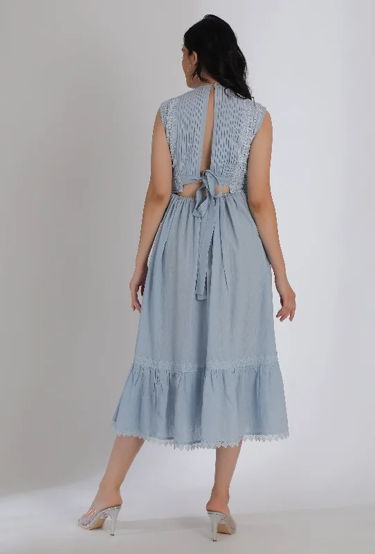 Powder Blue Tier Gathered Fit & Flare Dress With Back Tieup & Lacework Detailings