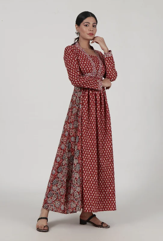 Red Cotton Dress with Multicolor Ajrakh Print