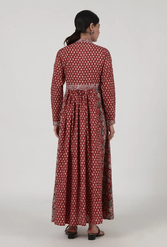 Red Cotton Dress with Multicolor Ajrakh Print