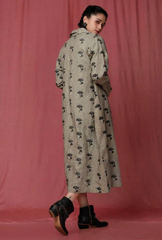 Set of 2: Moss Green Plain Linen Dress With Moss Green Printed Linen Overcoat