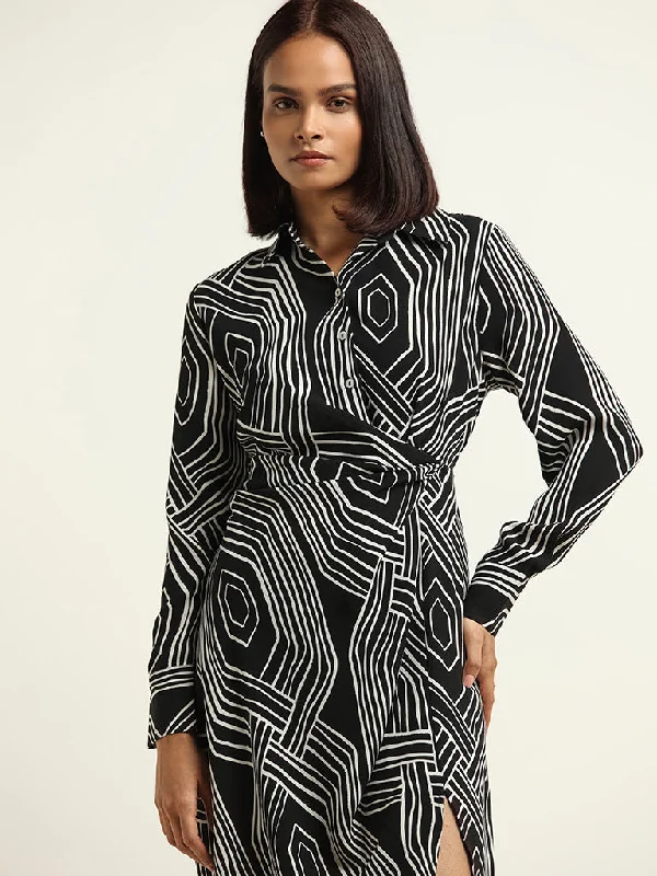 Wardrobe Black Printed Collared Dress