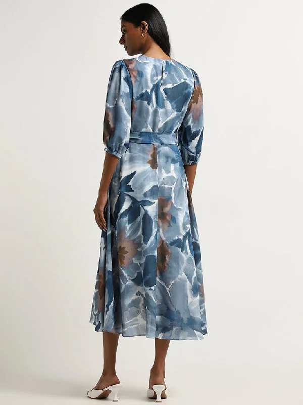 Wardrobe Dusty Blue Foliage Printed A-Line Dress with Belt