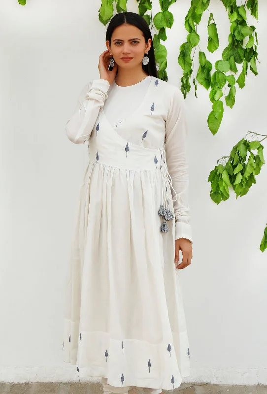 White Jamdani Mulmul Cotton angrakha flared Kurta Dress