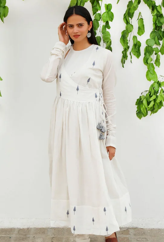 White Jamdani Mulmul Cotton angrakha flared Kurta Dress