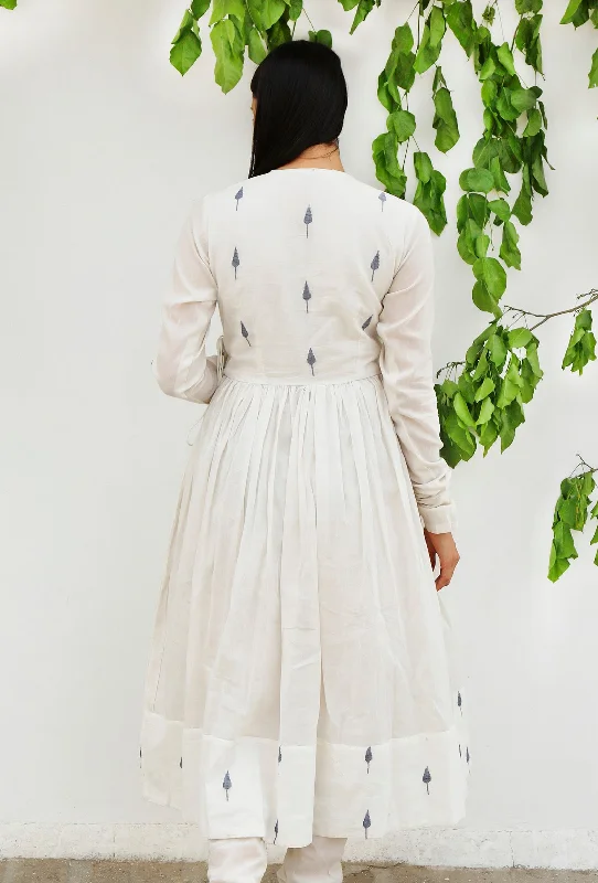 White Jamdani Mulmul Cotton angrakha flared Kurta Dress