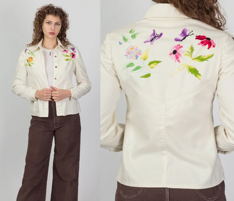 70s Embroidered Off-White Denim Look Jacket - Small