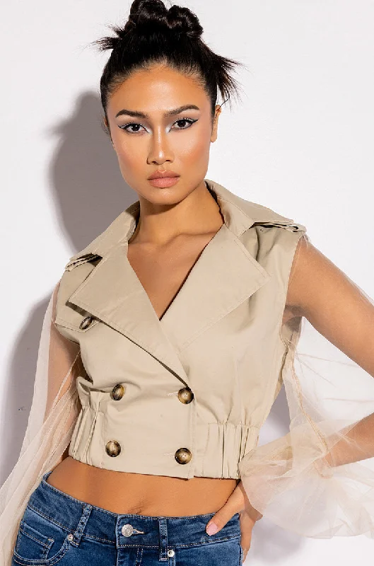 CROP TRENCH WITH TULLE ARMS