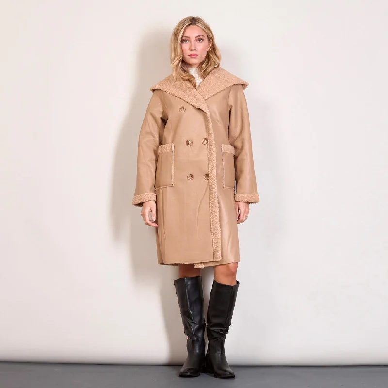 Faux leather coat with teddy interior and hood wholesale