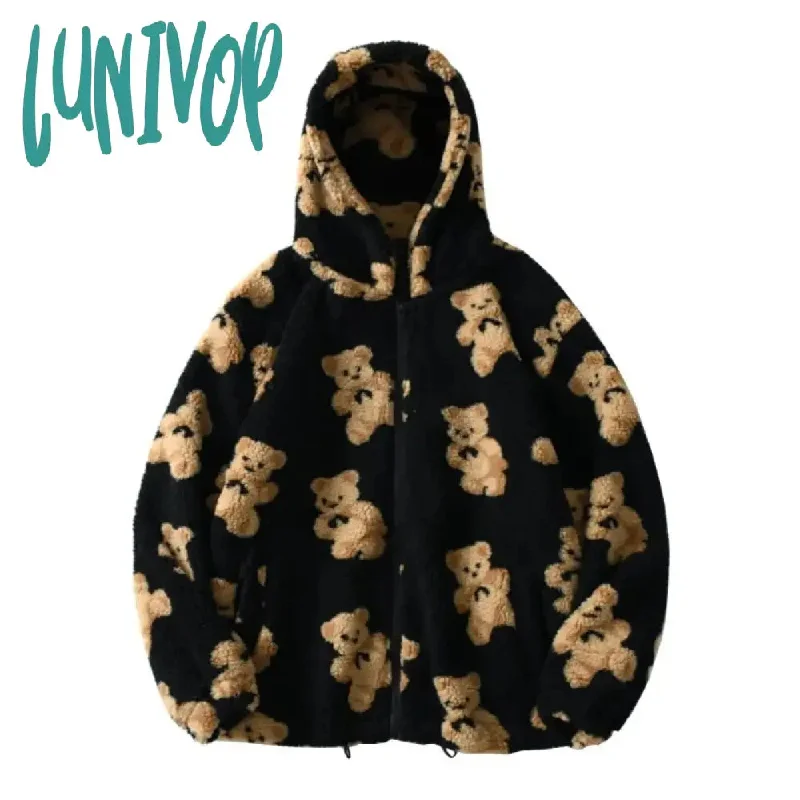 Lunivop Harajuku Heart-shaped Print Plush Jacket Women Winter Korean Long Sleeve Zip Up Hooded Coat Thick Warm Couple Streetwear Hoodies