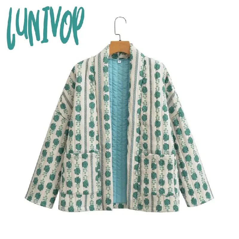 Lunivop Vintage Floral Print V-neck Quilted Women Cotton Coat Open Front Long Sleeve Pocket Loose Jacket Autumn Chic Casual Outwear